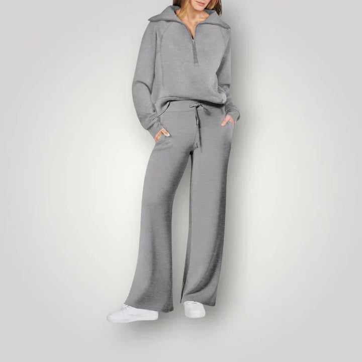 "Ensemble loungewear femme élégant, ample et doux, couleurs tendance, parfait pour détente à la maison ou sorties."