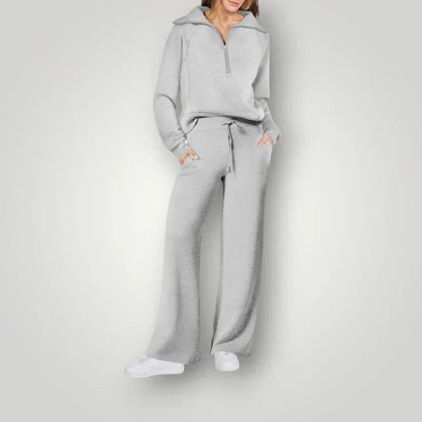 "Ensemble loungewear femme élégant, ample et doux, couleurs tendance, parfait pour détente à la maison ou sorties."