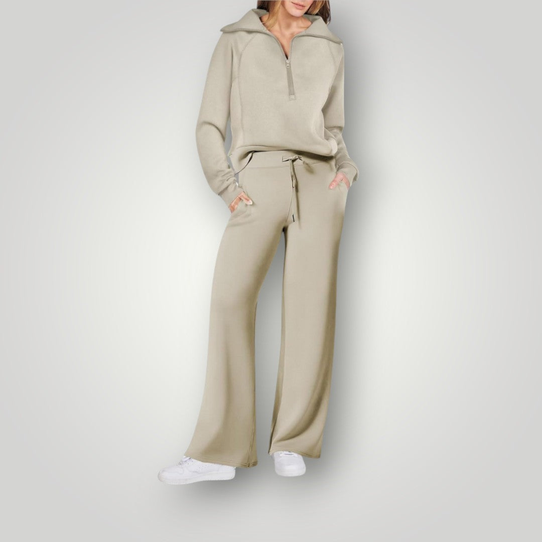 Stylowy i wygodny damski zestaw loungewear, bluza i pasujące spodnie w neutralnych odcieniach, idealny do relaksu i na wyjścia.