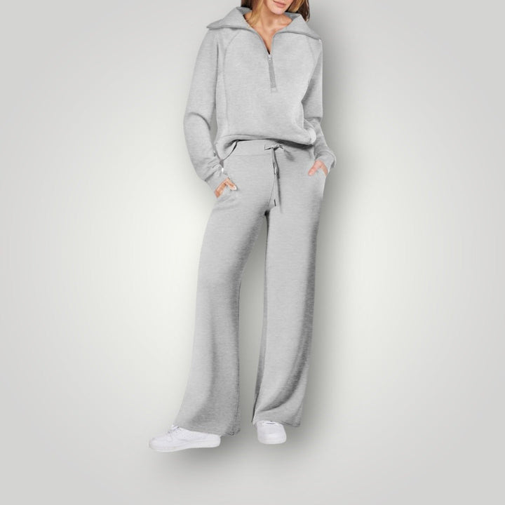 Stylowy i wygodny damski zestaw loungewear, bluza i pasujące spodnie w neutralnych odcieniach, idealny do relaksu i na wyjścia.