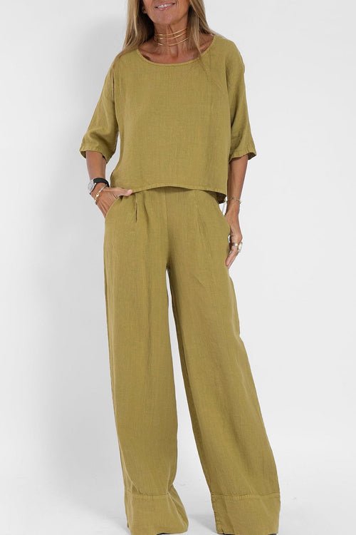 Damski lniany zestaw, szykowny krótki top i szerokie spodnie z wysokim stanem, elegancki i wygodny.
