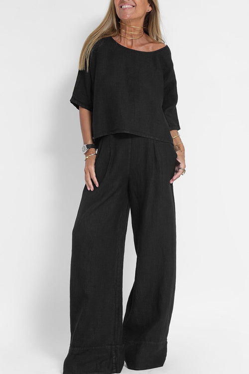 Damski lniany zestaw, szykowny krótki top i szerokie spodnie z wysokim stanem, elegancki i wygodny.