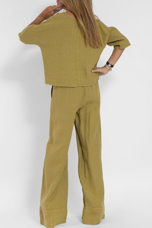 Damski lniany zestaw, szykowny krótki top i szerokie spodnie z wysokim stanem, elegancki i wygodny.