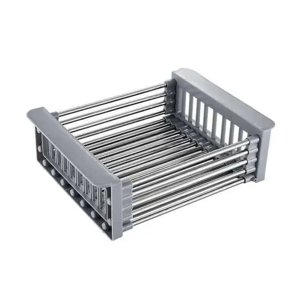 Rozkładana półka kuchenna ze stali nierdzewnej, nowoczesny design, idealna do organizacji zlewu, wspiera naczynia.