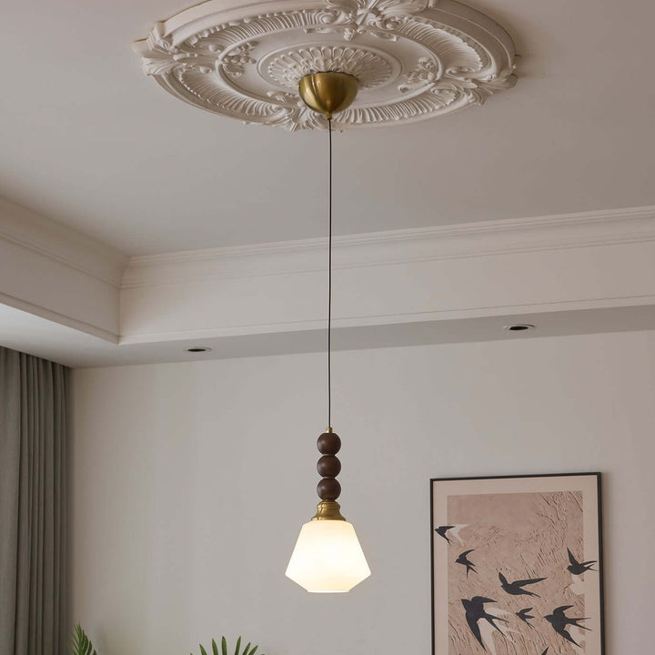Elegancka szklana, drewniana i metalowa lampa wisząca