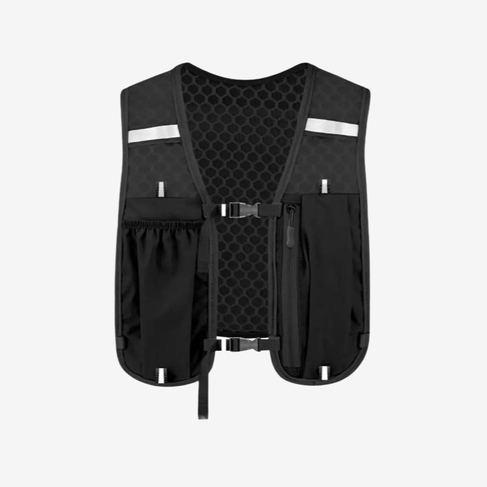 "Gilet de sport respirant unisexe gris avec poches pratiques, bretelles réglables; idéal pour course et randonnée."