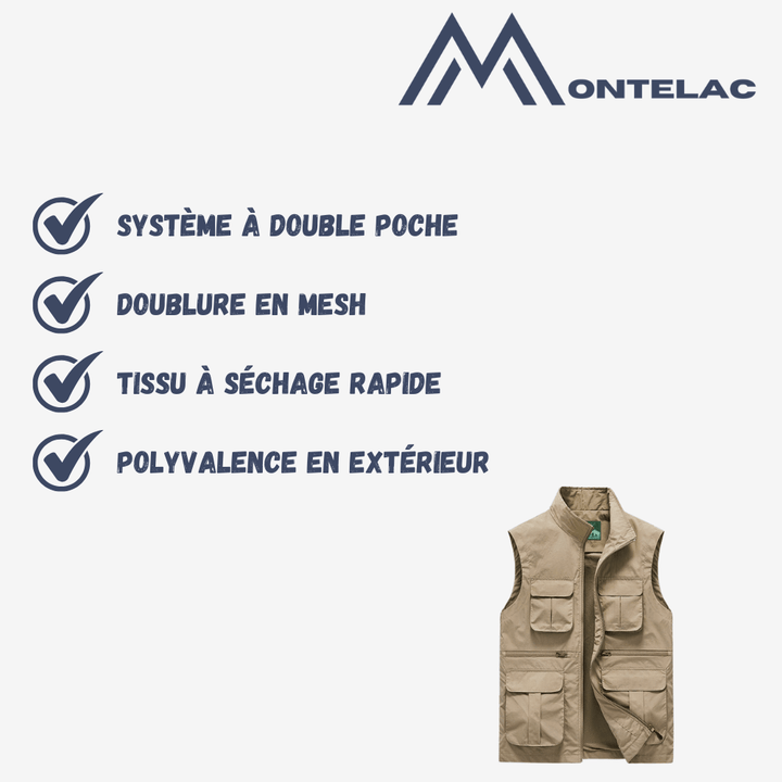 Szybkoschnąca kamizelka podróżna granatowa, lekka, z wieloma kieszeniami, odpowiednia na wędrówki i przygody na świeżym powietrzu.