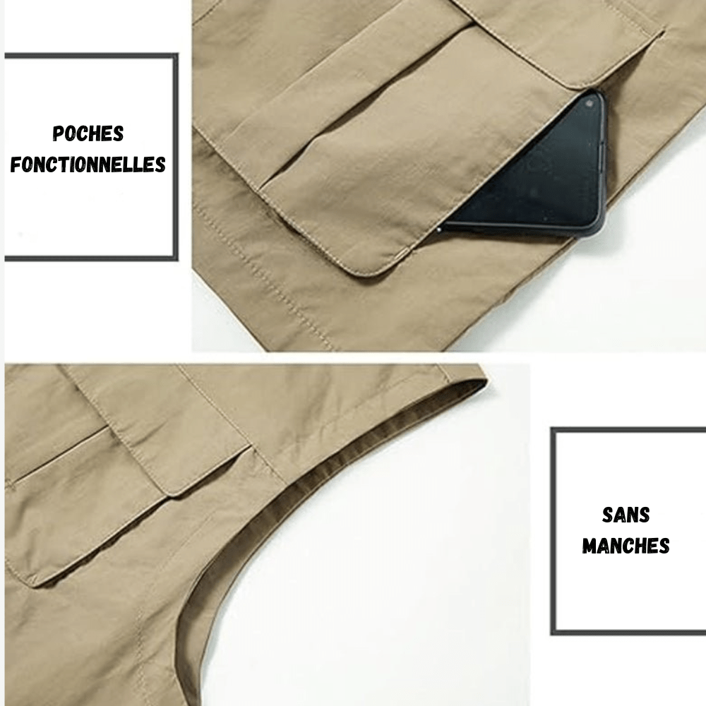 Szybkoschnąca kamizelka podróżna granatowa, lekka, z wieloma kieszeniami, odpowiednia na wędrówki i przygody na świeżym powietrzu.