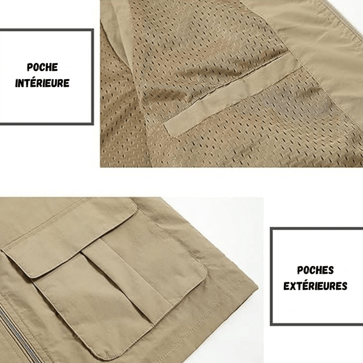 Szybkoschnąca kamizelka podróżna granatowa, lekka, z wieloma kieszeniami, odpowiednia na wędrówki i przygody na świeżym powietrzu.