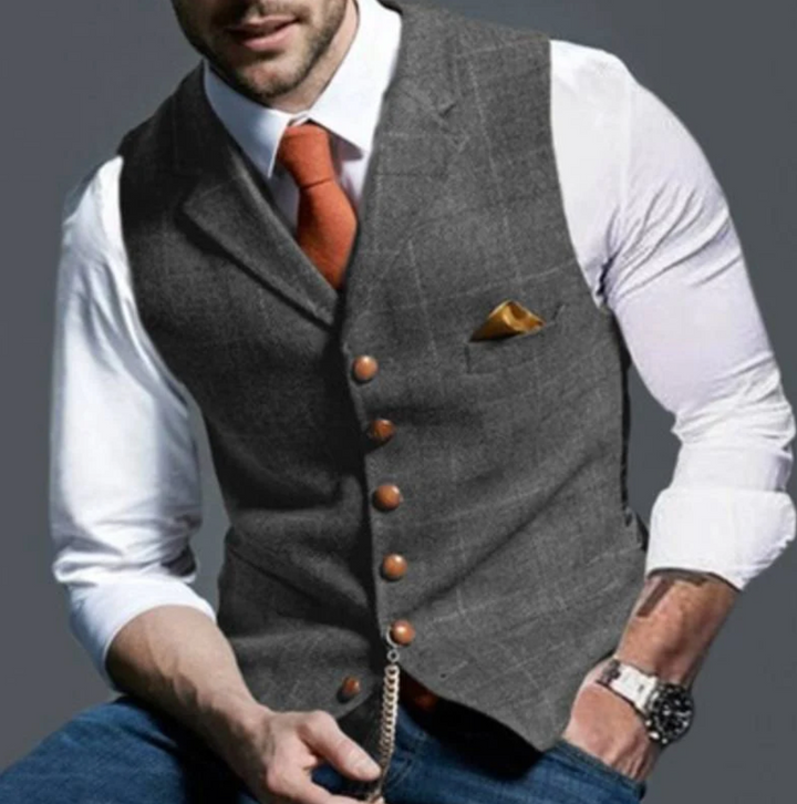 Gilet homme en tweed à carreaux élégant, design classique, fermeture un bouton, sophistique pour événements formels.