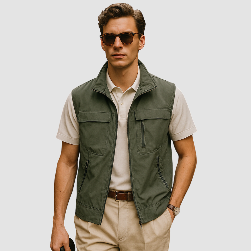 Lekka, oddychająca kamizelka męska zapinana na zamek, szara, z ochroną UV, idealna na lato, o wszechstronnym stylu.