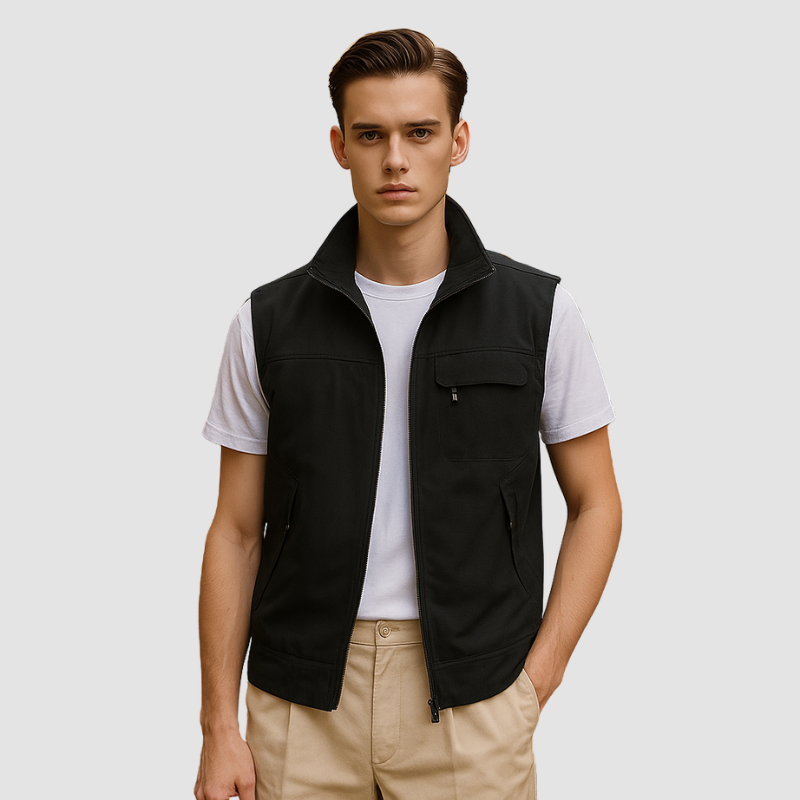 Lekka, oddychająca kamizelka męska zapinana na zamek, szara, z ochroną UV, idealna na lato, o wszechstronnym stylu.