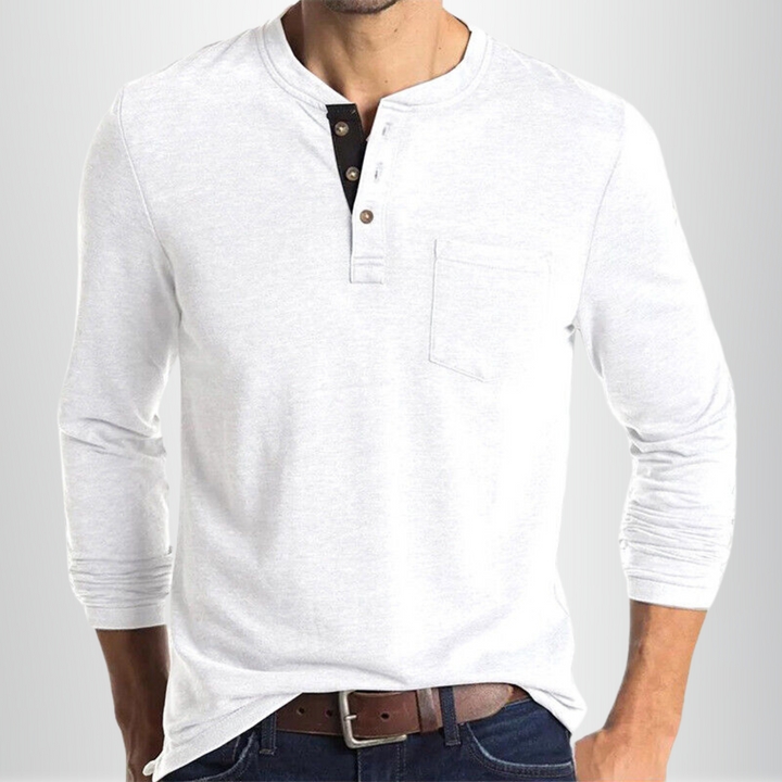 Biały męski t-shirt Henley z długim rękawem, dopasowany krój, miękka mieszanka bawełny, idealny do klasycznych stylizacji na różne okazje