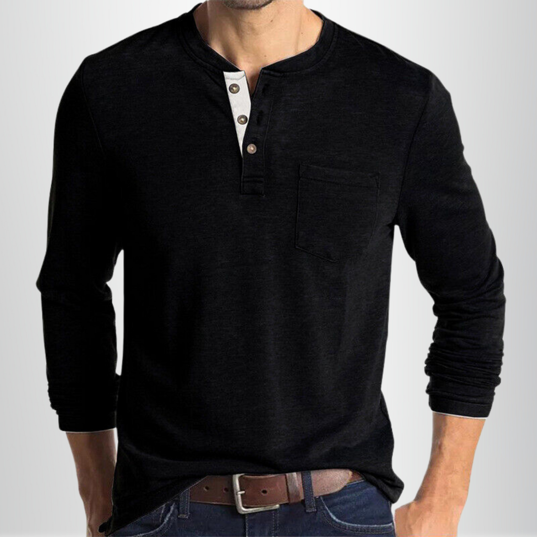 Biały męski t-shirt Henley z długim rękawem, dopasowany krój, miękka mieszanka bawełny, idealny do klasycznych stylizacji na różne okazje