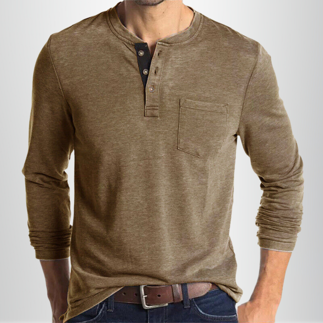 Biały męski t-shirt Henley z długim rękawem, dopasowany krój, miękka mieszanka bawełny, idealny do klasycznych stylizacji na różne okazje