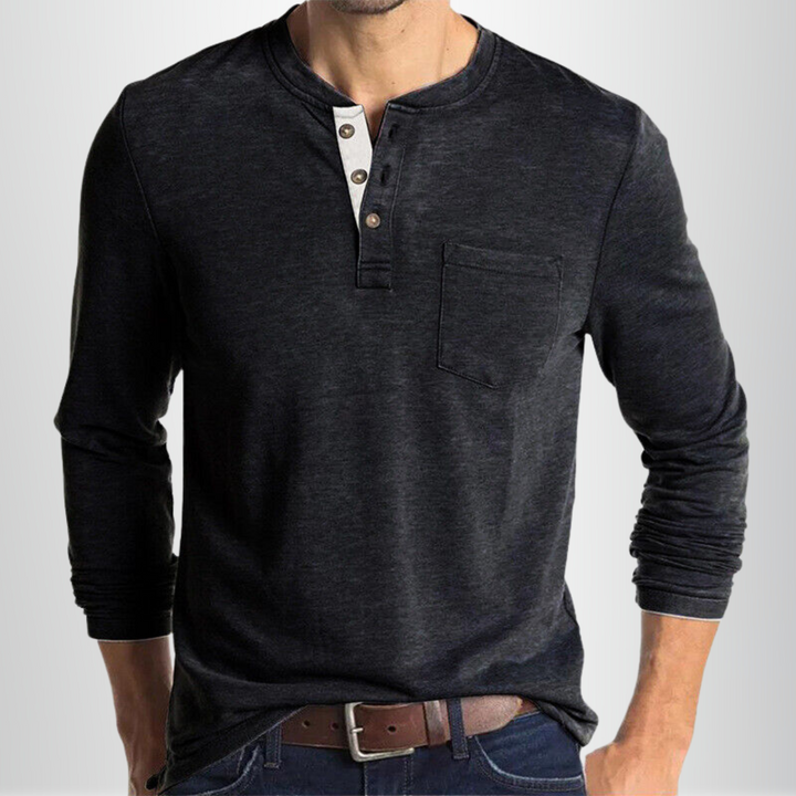 Biały męski t-shirt Henley z długim rękawem, dopasowany krój, miękka mieszanka bawełny, idealny do klasycznych stylizacji na różne okazje