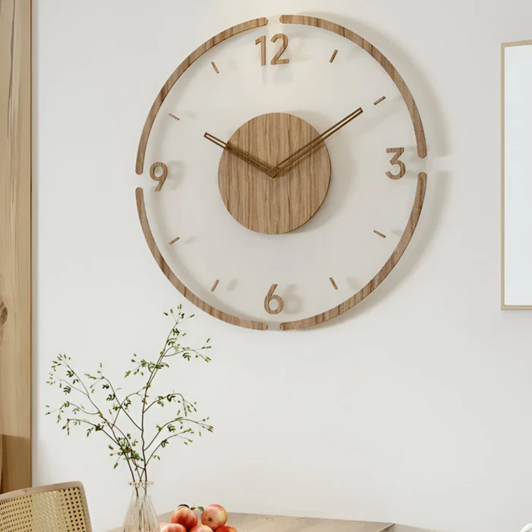 "Horloge murale design moderne en acrylique et bois, finition transparente, mécanisme quartz silencieux, 30 cm diamètre"