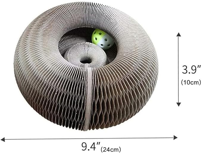 Interaktywna zabawka drapak dla kota z piłką i kartonową powierzchnią, obrotowa konstrukcja, ekologiczny materiał.