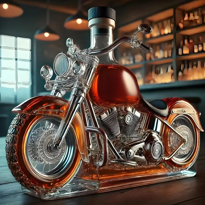 Karafka do whisky w kształcie motocykla, szklana, z korkiem. Unikalny design do domowego barku.