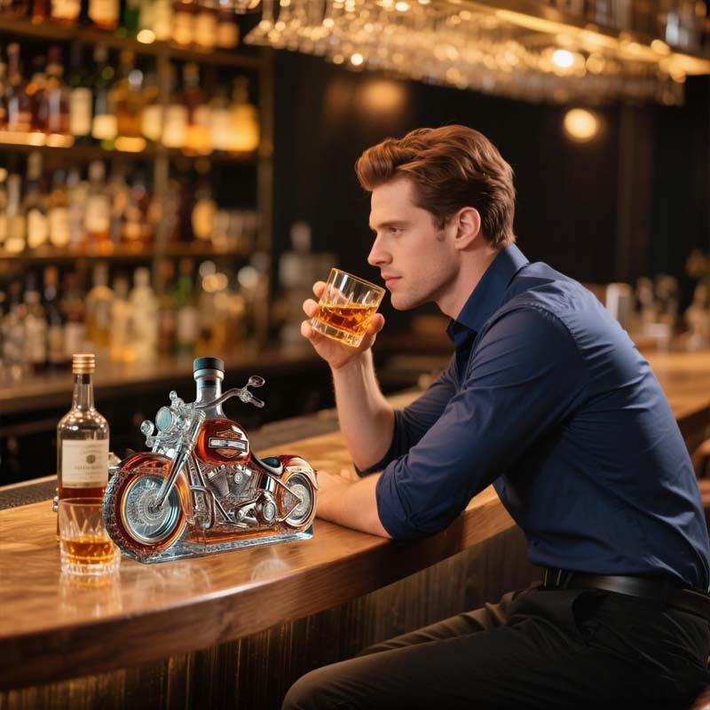 Oryginalna karafka do whisky w formie motocykla, przezroczyste szkło. Idealny dodatek do kolekcji.