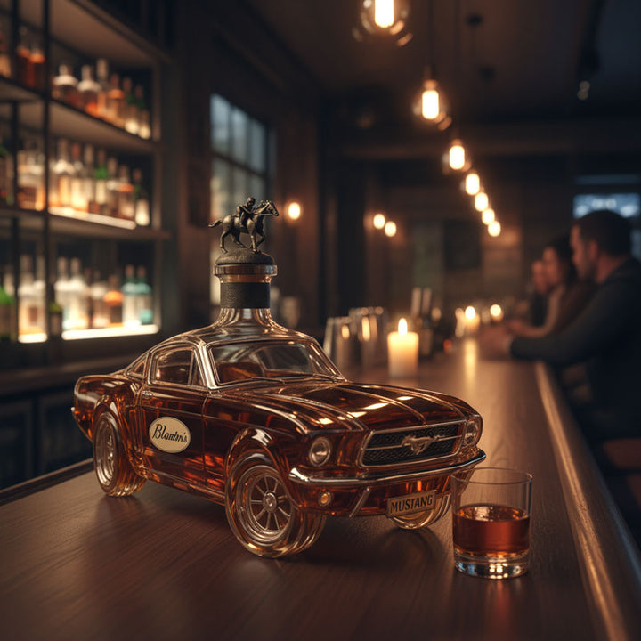 Elegancka karafka na whisky w formie zabytkowego auta. Szklana dekoracja i prezent dla mężczyzny.