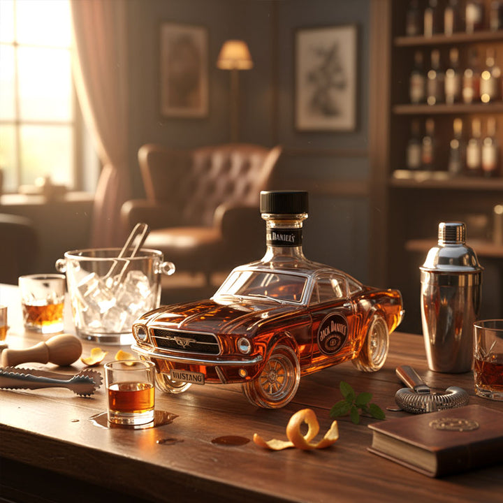 Unikalna szklana karafka do whisky designem klasycznego samochodu. Idealny prezent do domowego barku.