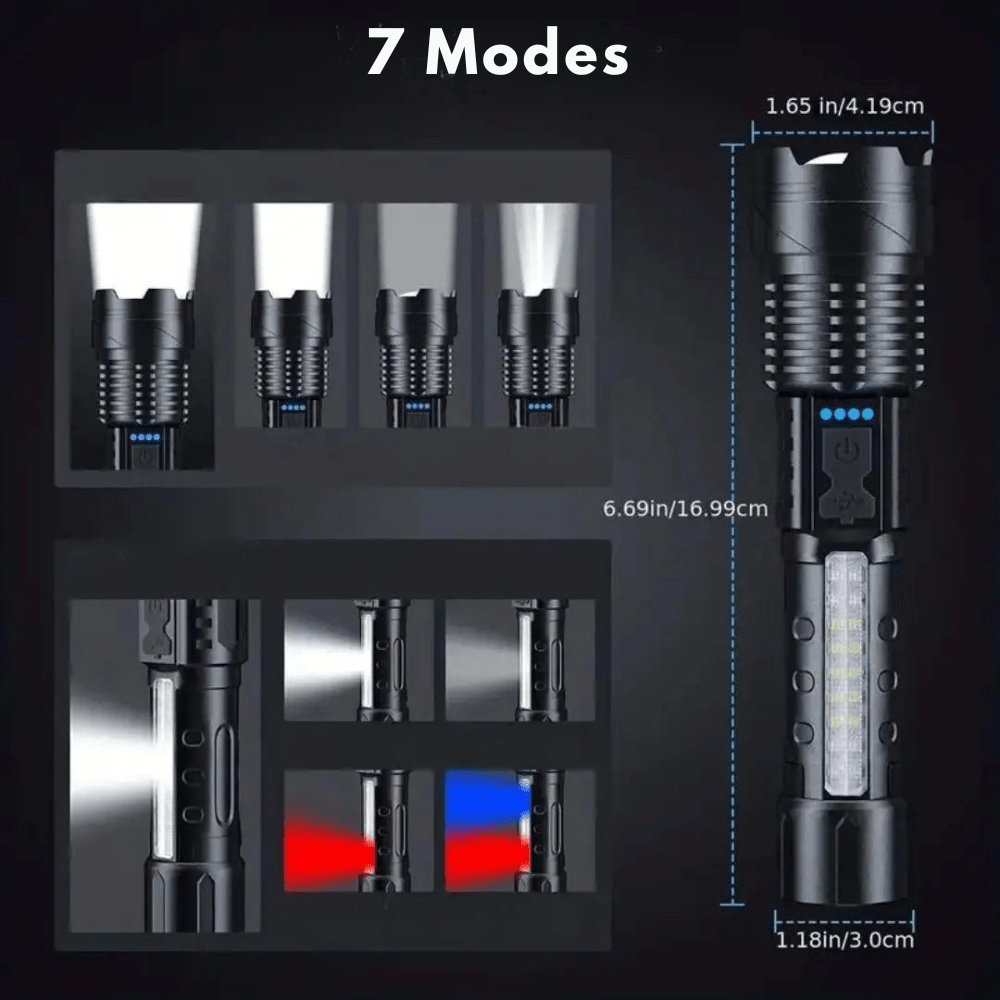 Latarka LED 5000 lumenów, aluminiowa, wodoodporna, wielofunkcyjna z różnymi trybami, idealna na zewnątrz.