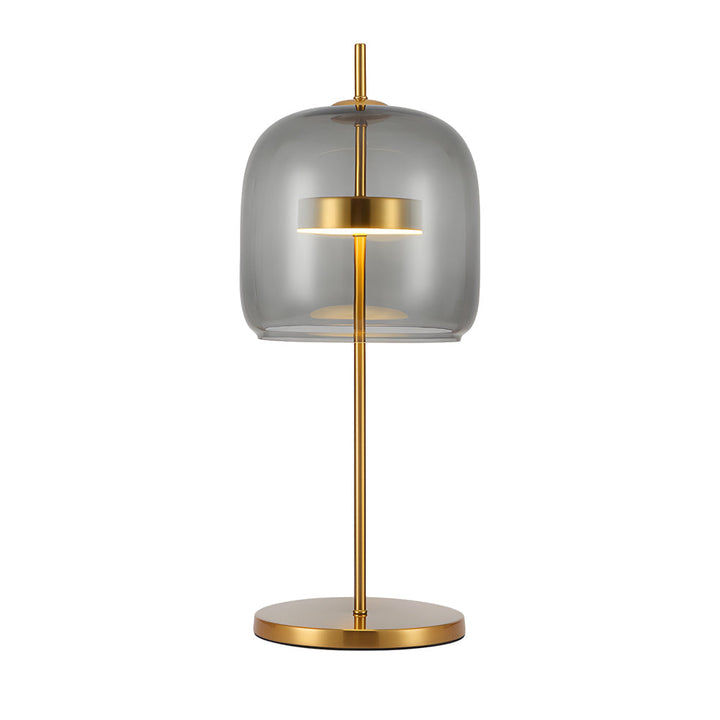 Lampa stołowa z przydymionego szkła, nowoczesny design, miękkie światło, idealna do wystroju wnętrz, ciepła atmosfera.