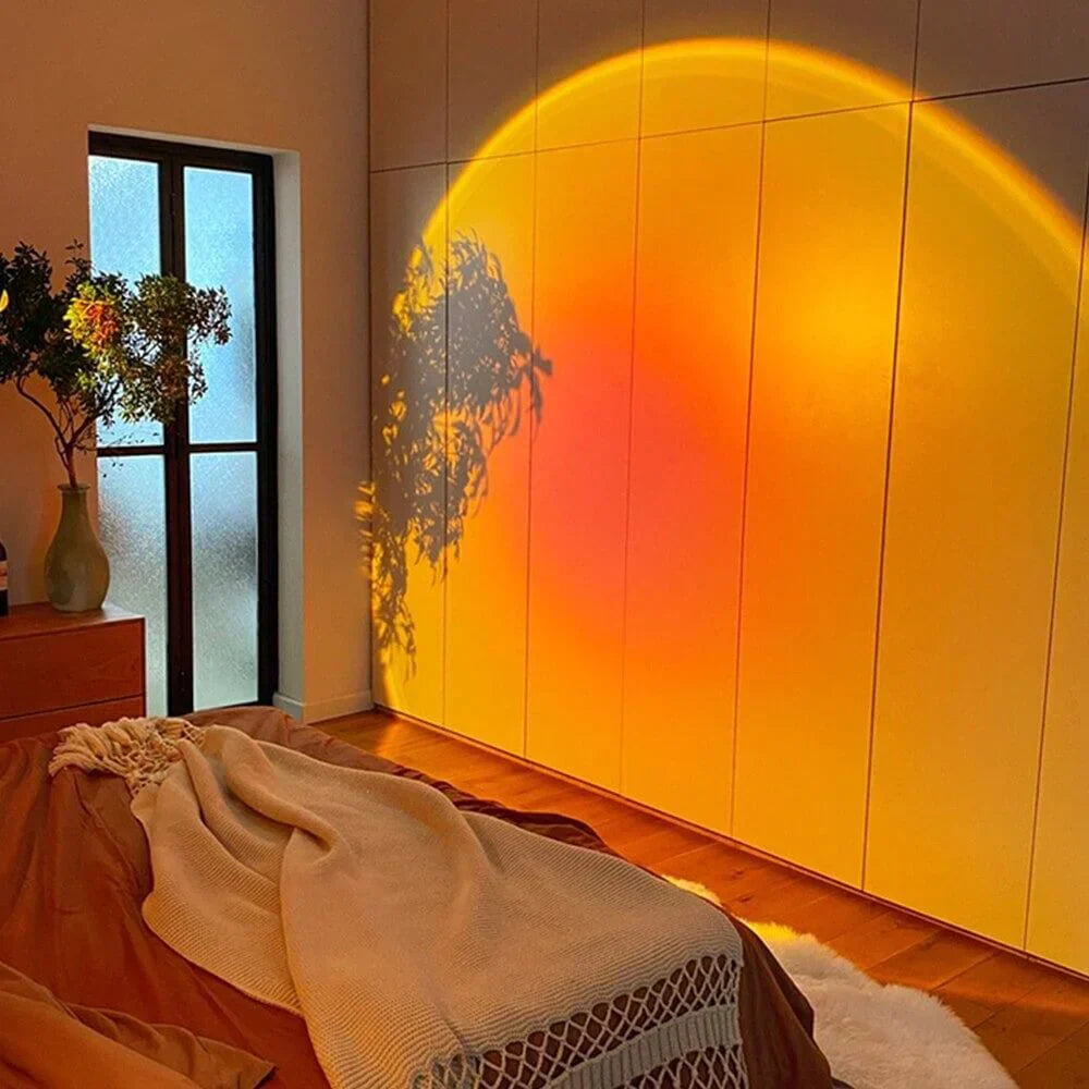 Lampa Sunset Lamp LED do pokoju, z widocznym efektem cieplego światła.