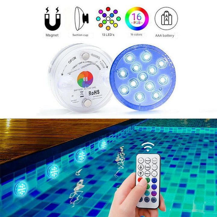 Wodoodporna podwodna lampa LED ze zdalnym sterowaniem, 16 kolorów, różne tryby oświetlenia do basenu lub stawu.
