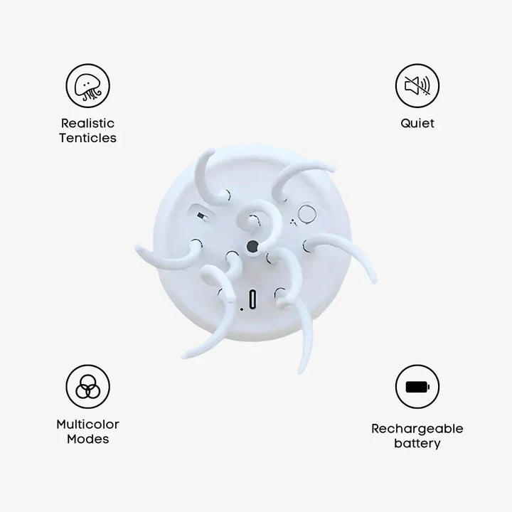 Hipnotyczna lampa LED meduza ze zmieniającymi się kolorami, płynną symulacją ruchu, relaksującą atmosferą, jasna.