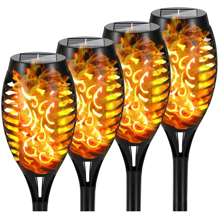 Wodoodporna solarna lampa ogrodowa z efektem płomienia, czarny szpikulec, ciepła atmosfera, ekologiczna, wysokość 79 cm.
