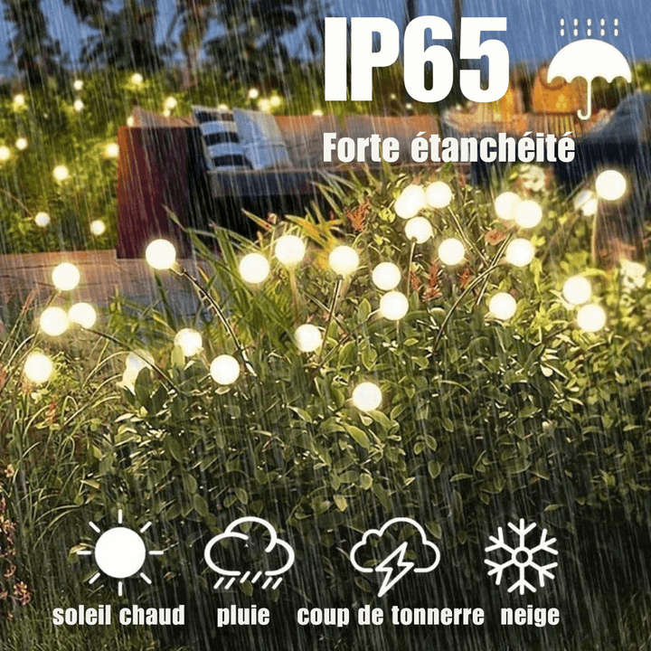 Zewnętrzna lampa solarna LED, efekt świetlików, magiczne oświetlenie ogrodu, odporność na warunki atmosferyczne, nowoczesny elegancki design.