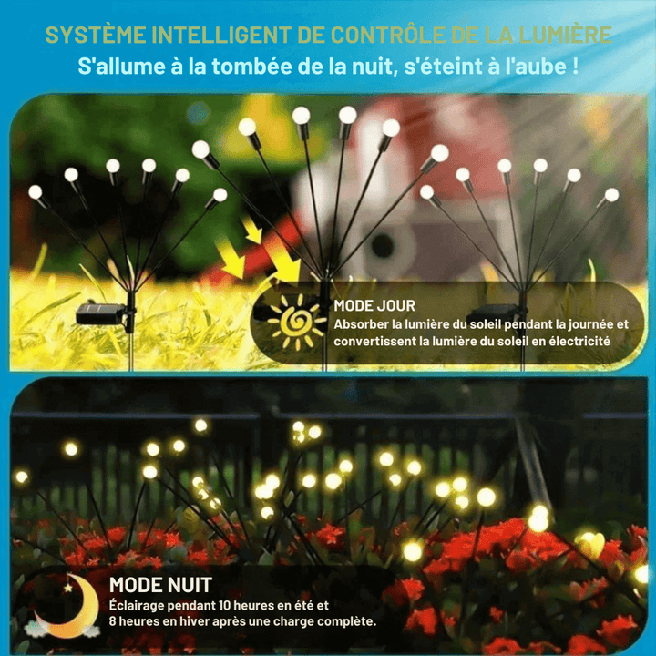 Zewnętrzna lampa solarna LED, efekt świetlików, magiczne oświetlenie ogrodu, odporność na warunki atmosferyczne, nowoczesny elegancki design.