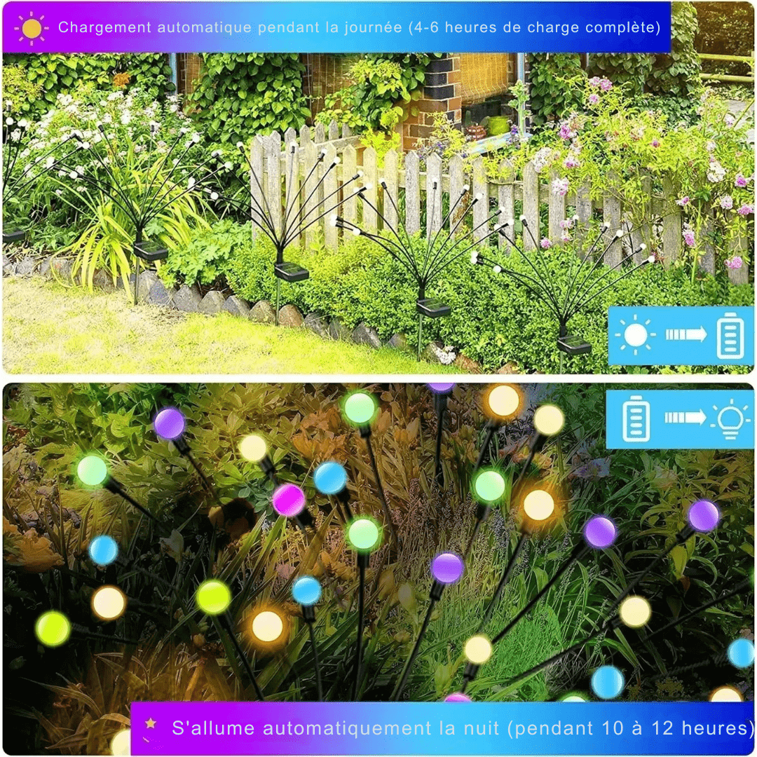 Zewnętrzna lampa solarna LED, efekt świetlików, magiczne oświetlenie ogrodu, odporność na warunki atmosferyczne, nowoczesny elegancki design.