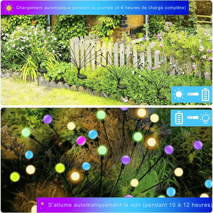 Zewnętrzna lampa solarna LED, efekt świetlików, magiczne oświetlenie ogrodu, odporność na warunki atmosferyczne, nowoczesny elegancki design.