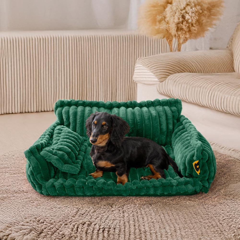 "Lit orthopédique pour chien ergonomique avec repose-tête, tissu imitation laine, soutien articulations, confort ultime."