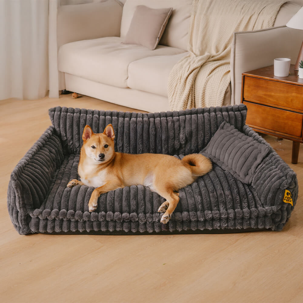 "Lit orthopédique pour chien ergonomique avec repose-tête, tissu imitation laine, soutien articulations, confort ultime."