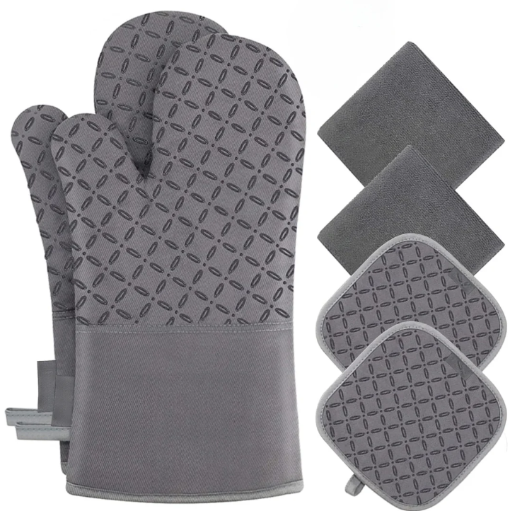 Zestaw 6 rękawic kuchennych i łapek, ochrona termiczna 250°C, ergonomiczny design w nowoczesnym kolorze, bezpieczna kuchnia.