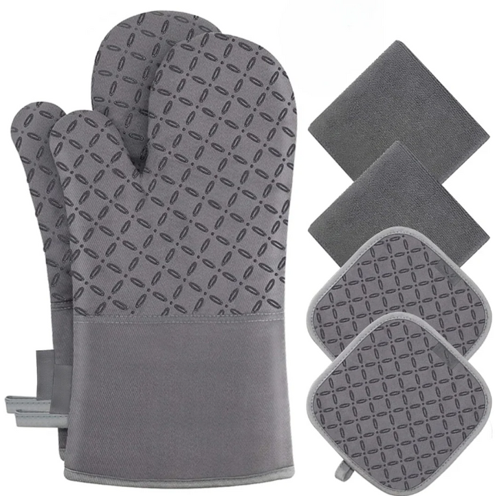 Zestaw 6 rękawic kuchennych i łapek, ochrona termiczna 250°C, ergonomiczny design w nowoczesnym kolorze, bezpieczna kuchnia.