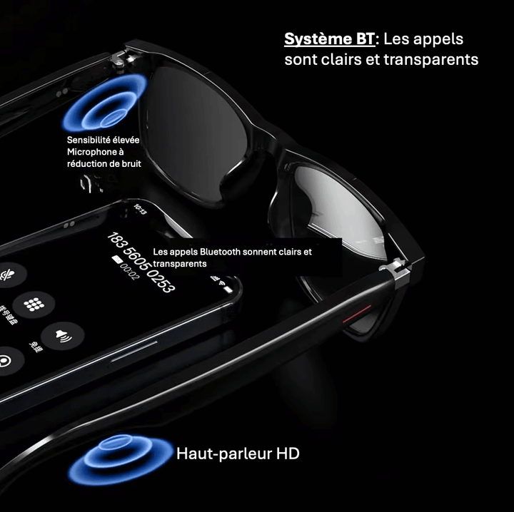 Inteligentne okulary przeciwsłoneczne Nortik, widok z przodu, z wbudowanym aparatem i eleganckimi funkcjami Bluetooth.