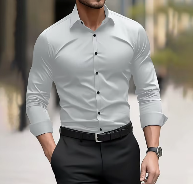 Elegancka koszula męska slim fit z długim rękawem, na guziki, perfekcyjna do stylizacji biznesowych.
