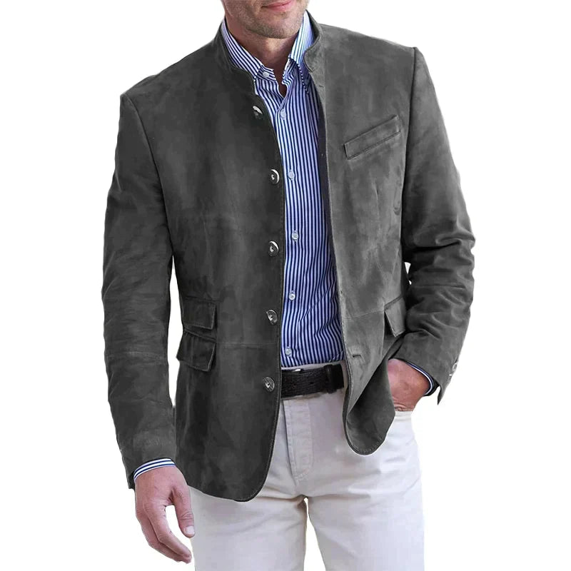 Elegancka męska marynarka ze stójką w kolorze khaki, modna, idealna na biznesowe spotkania i casualowe wyjścia.