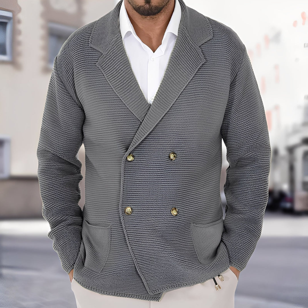 Męski dwurzędowy kardigan, elegancki sweter dzianinowy idealny na jesień i zimę.