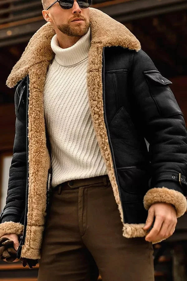 Mężczyzna w ciepłym zimowym płaszczu aviator, modna odzież casual, idealna na mroźne dni, komfort i styl.