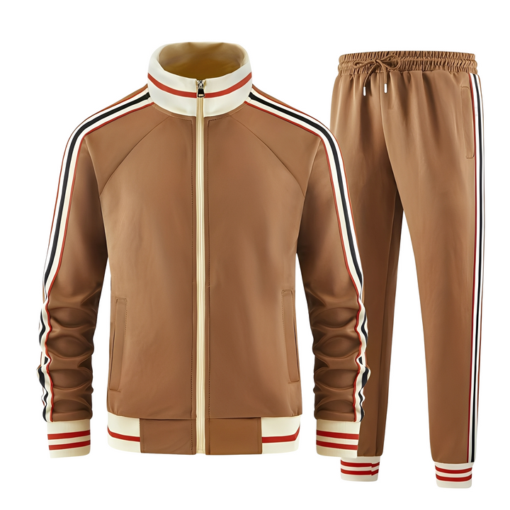 Męski stylowy zestaw sportowy z paskami, idealny na jesień/zimę. Komfortowy dres do aktywności i casualowych stylizacji.