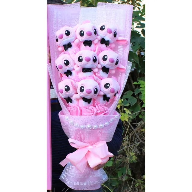 Wspaniały bukiet kolorowych pluszaków Stitch, oryginalny i uroczy, idealny na wzruszający i dekoracyjny prezent.