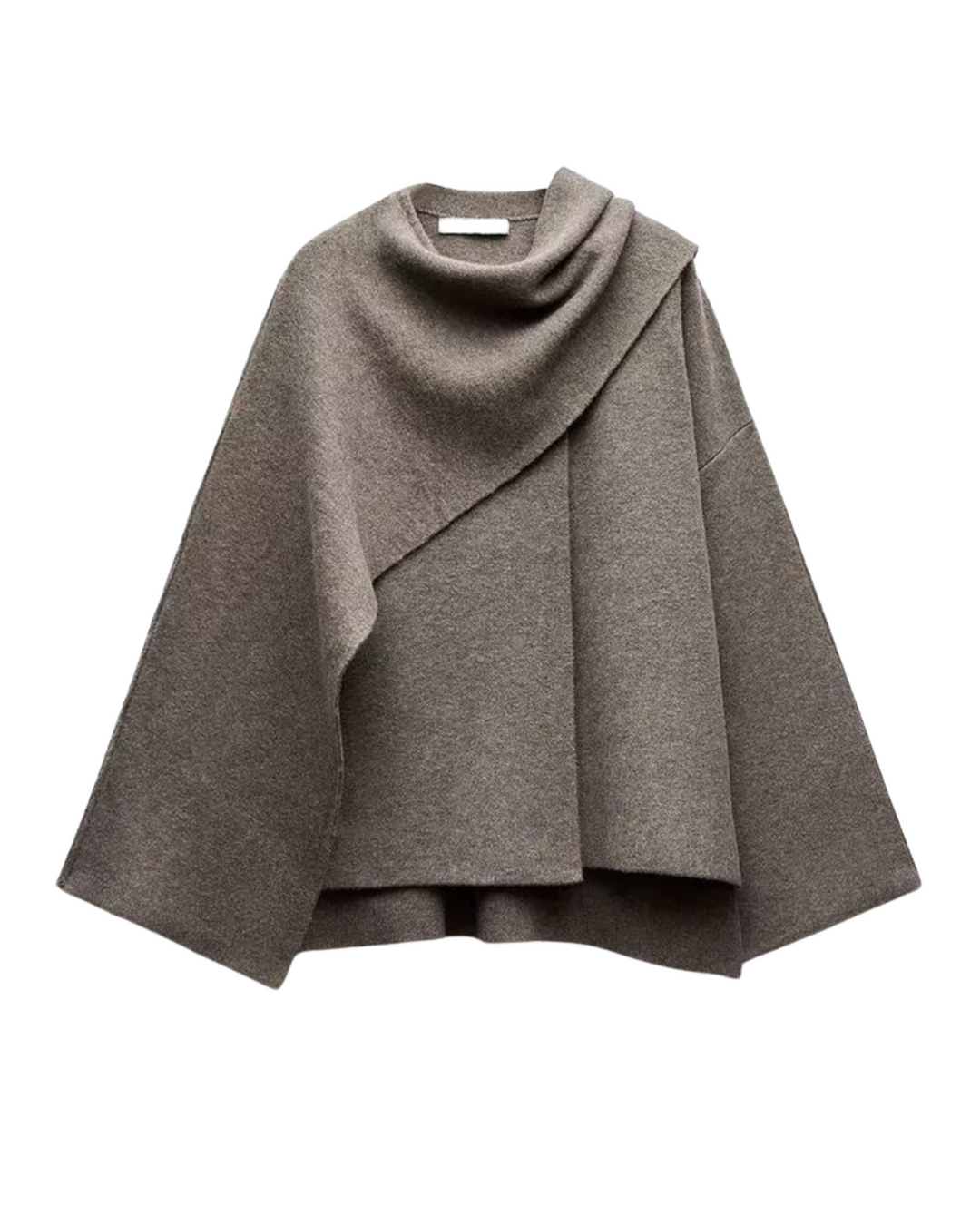Damski elegancki jesienny płaszcz-peleryna, asymetryczny design w kolorze szarym, miękki materiał, nowoczesny i wygodny styl na chłodne dni.