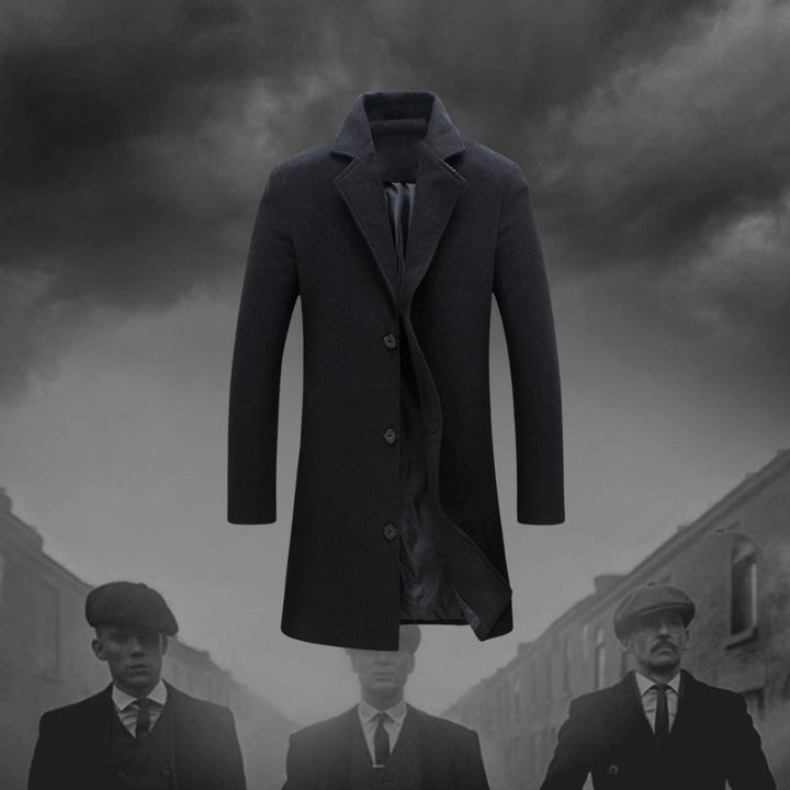 Męski płaszcz Tommy's Garrison w stylu Peaky Blinders, czarny, z termiczną podszewką, idealnym krojem, zapewniający ponadczasową i nowoczesną elegancję.