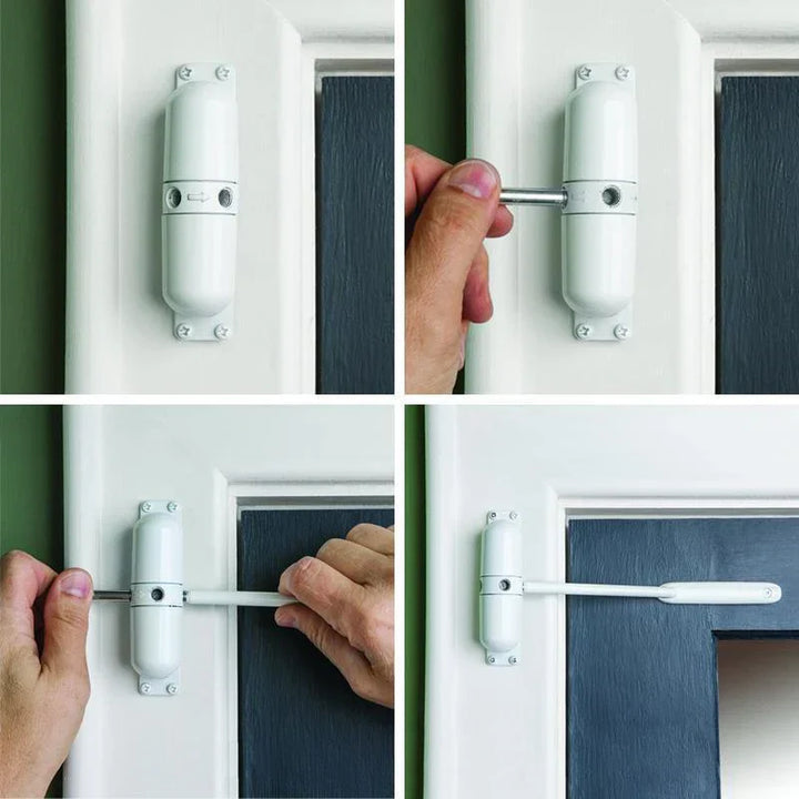 Szary automatyczny mechanizm do drzwi, gładkie i ciche zamykanie, bezpieczny dla nowoczesnego domu; zapobiega przeciągom